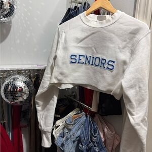Champion White Cropped Sweater with Blue SENIORS Lettering